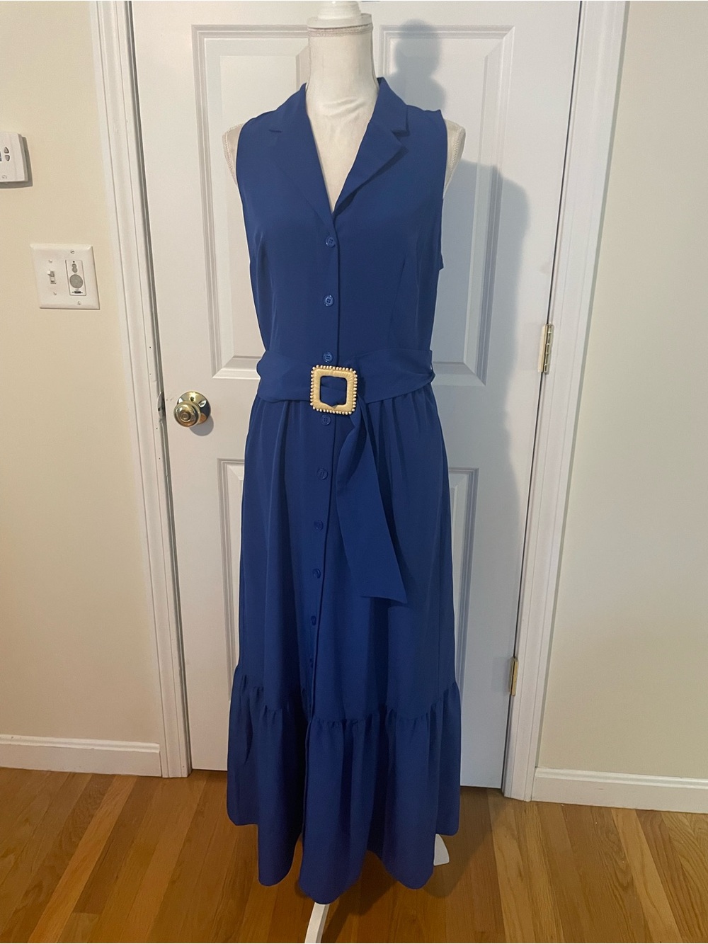 London Times Sleeveless Royal Blue Maxi Dress with Decorative Belt